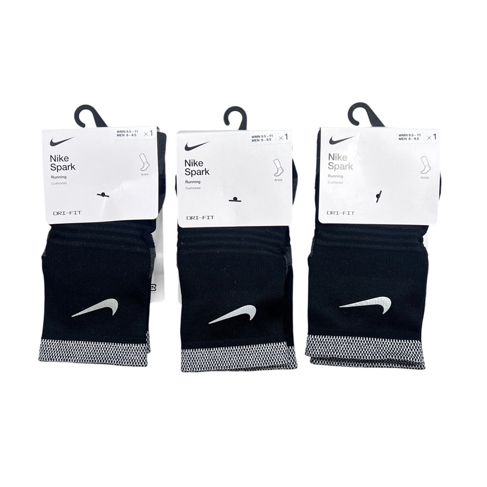 Lot 3 Nike Spark Running Ankle Socks Black Cushioned Dri-FIT M 8-9.5‎ W 9.5-11
